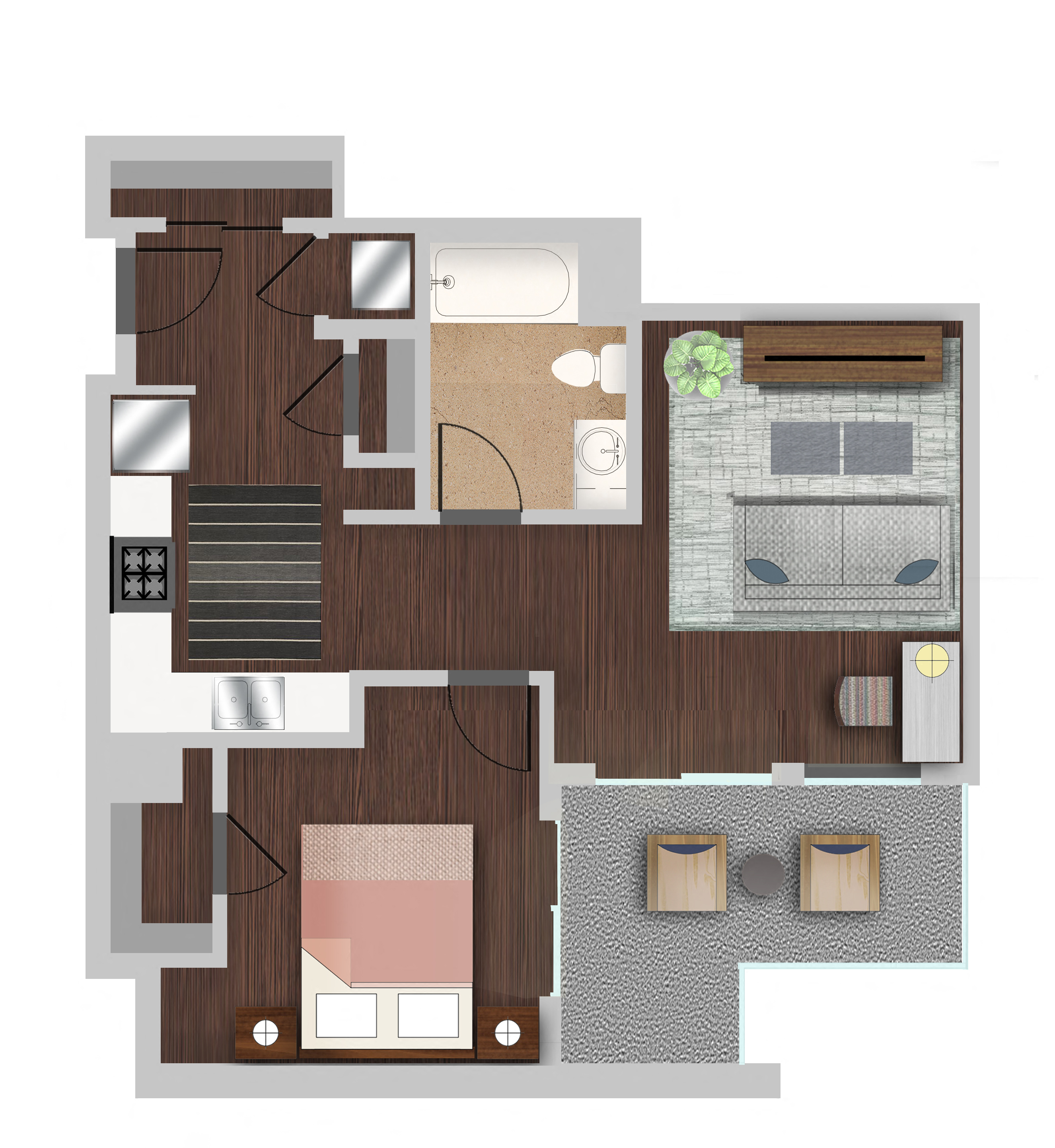 Floor plan for 1 bed, 1 bath, 700 sqft